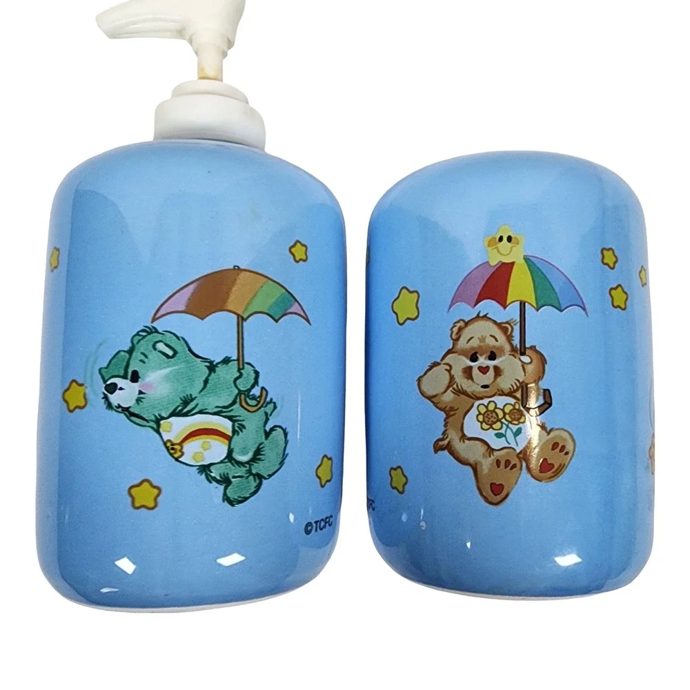 Vintage Care Bears Ceramic Soap Dispenser and Toothbrush Holder Set Blue TCFC